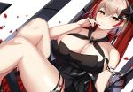  absurdres armlet azur_lane bare_legs bare_shoulders black_dress blonde_hair breasts brown_eyes cleavage dress dutch_angle grin highres iron_cross large_breasts lilycious multicolored_hair red_hair roon_(azur_lane) smile thigh_strap thighs yandere 