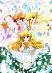  3girls alicia_testarossa alternate_costume blonde_hair blue_sky bouquet cloud cloudy_sky couple dress fate_testarossa flower hair_ornament happy holding_hands interlocked_fingers kawakami_shuuichi lyrical_nanoha mahou_shoujo_lyrical_nanoha mahou_shoujo_lyrical_nanoha_a&#039;s mahou_shoujo_lyrical_nanoha_innocent multiple_girls official_art open_mouth orange_hair purple_eyes red_eyes short_twintails sky smile syu1 takamachi_nanoha twintails wedding wedding_dress window yuri 