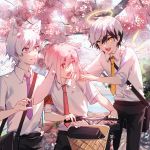  3boys adnachiel_(arknights) animal_ears ansel_(arknights) arknights bicycle bicycle_basket blue_eyes bunny_ears commentary_request ground_vehicle halo highres long_sleeves multiple_boys namazuouko necktie outdoors red_eyes short_hair steward_(arknights) tree yellow_eyes 