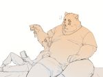  2020 4:3 anthro belly book bottomwear clothing duo humanoid_hands inunoshippo kemono male mammal overweight overweight_male pants shirt shorts simple_background sitting topwear white_background 