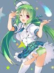  1girl ;d ahoge ass azur_lane bangs beret black_choker blue_neckwear blue_skirt blush choker collared_shirt comet comet_(azur_lane) commentary_request corset cowboy_shot cropped_jacket eyebrows_visible_through_hair frilled_skirt frills gradient_neckwear green_hair green_neckwear green_panties grey_background hair_between_eyes hair_rings hat jacket long_hair looking_at_viewer necktie one_eye_closed open_clothes open_jacket open_mouth panties pantyshot plaid plaid_skirt puffy_short_sleeves puffy_sleeves purple_eyes ribbon shirt short_sleeves sidelocks skirt smile solo standing star starry_background thighhighs tilted_headwear twintails twisted_torso underwear upper_teeth v_over_eye white_headwear white_jacket white_legwear white_shirt youhei_64d 