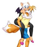  &lt;3 2_tails anthro blush bottomwear canid canine carrying chiropteran clothing crop_top duo female fox male mammal miles_prower multi_tail pants pia-sama piggyback rouge_the_bat shirt shorts simple_background smile sonic_the_hedgehog_(series) topwear wings 