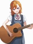  1girl aftamc bangs blue_dress blush collared_shirt dress eyebrows_visible_through_hair guitar hair_between_eyes highres holding holding_instrument instrument long_hair looking_at_viewer love_live! love_live!_superstar!! medium_hair neck_ribbon open_mouth orange_hair purple_eyes red_ribbon ribbon school_uniform shibuya_kanon shirt simple_background solo white_background white_shirt yuigaoka_school_uniform 