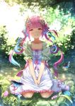  1girl :d backlighting barefoot breasts bug butterfly chahei cleavage dress grass highres hololive insect looking_at_viewer minato_aqua multicolored_hair open_mouth pink_eyes pink_hair sitting smile solo tree twintails two-tone_hair virtual_youtuber wariza 