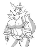  2011 anthro big_breasts breasts canid curvy_figure digimon digimon_(species) female jaeh mammal monochrome navel nipples renamon simple_background solo thick_thighs transformation voluptuous white_background wide_hips 