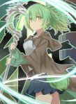  1girl :o bangs blue_skirt breasts brown_robe duel_monster eyebrows_visible_through_hair green_eyes green_hair green_ribbon grey_shirt hair_between_eyes hair_ribbon highres holding holding_staff hood hood_down hooded_robe long_sleeves open_clothes open_robe parted_lips pleated_skirt ponytail ribbon robe shirt sidelocks skirt sleeves_past_wrists small_breasts solo staff tadanoshi_kabane tail wide_sleeves wynn yuu-gi-ou 