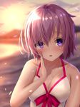  1girl absurdres beach bikini blush bow bow_bikini breasts cleavage fate/grand_order fate_(series) hand_to_own_mouth highres huge_filesize large_breasts looking_at_viewer mash_kyrielight open_mouth petals purple_eyes purple_hair solo sou_skate714 sunset swimsuit swimsuit_of_perpetual_summer underwear upper_body white_bikini 