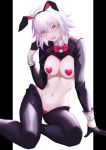  1girl ahoge animal_ears bangs black_border black_gloves black_legwear blush border bow bowtie breasts bunny_ears covered_nipples cropped_jacket fate/grand_order fate_(series) fifty1202 gloves half_gloves heart_pasties highres jeanne_d&#039;arc_(alter)_(fate) jeanne_d&#039;arc_(fate)_(all) large_breasts long_sleeves looking_at_viewer maebari meme_attire navel open_mouth pale_skin pasties pink_bow revealing_clothes reverse_bunnysuit reverse_outfit short_hair shrug_(clothing) silver_hair solo thighs white_background yellow_eyes 