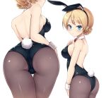  1girl animal_ears ass back bare_shoulders blonde_hair blue_eyes blush bow breasts bunny_ears bunny_tail bunnysuit commentary darjeeling_(girls_und_panzer) detached_collar girls_und_panzer hand_on_own_chest kasai_shin looking_at_viewer multiple_views red_bow shoulder_blades sideboob solo tail thigh_gap thighs white_background wrist_cuffs 