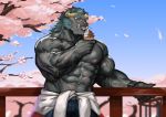  5_fingers abs absurd_res anthro biceps big_muscles black_body black_fur blue_bottomwear blue_clothing blue_hair blue_pants blue_sky bottomwear cherry_blossom claws clothed clothing clothing_around_waist dessert eating fangs felid fingers flower food fur hair hi_res holding_food holding_object ice_cream krampus_(housamo) male mammal muscular muscular_male nipples pantherine pants pecs petals pink_nipples plant railing sky solo tokyo_afterschool_summoners tongue tongue_out topless traver009 tree vein veiny_muscles video_games whiskers 