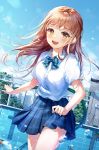  1girl :d bangs blue_bow blue_skirt blue_sky blush bow breasts brown_eyes brown_hair cloud collared_shirt commentary_request connie_(keean2019) day dress_shirt dutch_angle empty_pool eyebrows_visible_through_hair floating_hair holding hose large_breasts long_hair looking_at_viewer medium_breasts open_mouth original outdoors plaid plaid_bow plaid_skirt pleated_skirt pool rainbow round_teeth school_uniform shirt short_sleeves skirt sky smile solo teeth tile_wall tiles upper_teeth water water_drop white_shirt 