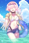  1girl beach blue_sky blush breasts choker closed_eyes cloud commentary denim denim_shorts eyewear_on_head facing_viewer fate/grand_order fate_(series) fou_(fate/grand_order) groin_tendon hair_over_one_eye highres innertube mash_kyrielight medium_breasts navel ocean open_mouth outstretched_hand pappap pink_hair purple_hair round_teeth short_hair short_shorts shorts sky smile_ex solo summer swimsuit swimsuit_under_clothes teeth wading water 