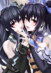  2girls absurdres bare_shoulders black_hair blush breasts cleavage elbow_gloves eyebrows_visible_through_hair fingerless_gloves gloves hair_ornament hair_ribbon highres long_hair looking_at_viewer medium_breasts multiple_girls neptune_(series) noire nyamota red_eyes ribbon siblings sisters smile twintails two_side_up uni_(neptune_series) very_long_hair 