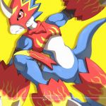  1:1 2020 anthro armor blue_body claws digimon digimon_(species) digital_media_(artwork) elferin fangs flamedramon headgear hi_res horn male markings red_eyes reptile scalie simple_background solo white_claws white_markings yellow_background yellow_markings 