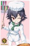  1girl anzio_(emblem) bangs black_hair braid chef_hat chef_uniform dated emblem food girls_und_panzer happy_birthday hat highres kasai_shin looking_at_viewer one_eye_closed pantyhose pepperoni_(girls_und_panzer) pizza red_eyes short_hair skirt smile solo 