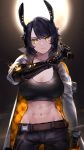  1girl abs belt black_hair black_pants black_shirt breasts cleavage cowboy_shot crop_top groin highres holding horns jacket large_breasts long_sleeves looking_at_viewer mechanical_arm midriff navel neonbeat open_clothes open_jacket original pants serious shirt short_hair solo standing stomach v-shaped_eyebrows white_jacket yellow_eyes 