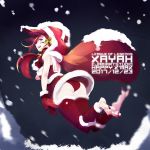 1girl animal_ears ass bag breasts christmas dress ejami facial_mark feet gloves hood league_of_legends long_hair looking_at_viewer open_mouth panties smile solo thighhighs underwear xayah yellow_eyes 