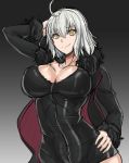  1girl bangs black_dress black_jacket breasts cleavage dress fate_(series) fur-trimmed_jacket fur_collar fur_trim gradient gradient_background grey_background jacket jeanne_d&#039;arc_(alter)_(fate) jeanne_d&#039;arc_(fate)_(all) large_breasts short_hair silver_hair tomliat tsurime wicked_dragon_witch_ver._shinjuku_1999 yellow_eyes 