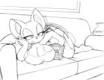  anthro arm_support big_breasts bored breast_rest breast_squish breasts chiropteran cleavage clothed clothing dessert eating female food furniture huge_breasts ice_cream mammal monochrome nightgown omegasunburst relaxing rouge_the_bat sofa solo sonic_the_hedgehog_(series) squish 