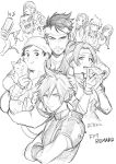  4boys 4girls aerith_gainsborough artist_request barret_wallace biggs_(ff7) cat cloud_strife commentary_request crossdressing eating father_and_daughter final_fantasy final_fantasy_vii final_fantasy_vii_remake food highres jessie_(ff7) marlene_wallace multiple_boys multiple_girls pizza sketch smile tifa_lockhart translation_request wedge_(ff7) 