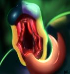  2018 ambiguous_gender blue_body blue_markings bodily_fluids dated digital_media_(artwork) digital_painting_(artwork) drooling feral forked_tongue green_background green_body hi_res markings mouth_shot nintendo nude open_mouth pink_tongue pok&eacute;mon pok&eacute;mon_(species) presenting_mouth reptile saliva saliva_string scalie seviper shaded signature simple_background solo throat tinymunch tongue tongue_out video_games yellow_body yellow_markings 
