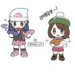  2girls beanie black_hair brown_eyes brown_footwear brown_hair commentary_request dawnlover_01 flat_chest food full_body green_headwear hat hikari_(pokemon) holding holding_food korean_commentary korean_text looking_at_viewer multiple_girls poffin pokemon pokemon_(game) pokemon_dppt pokemon_swsh shoelaces shoes simple_background skirt smoke sparkle standing translation_request white_background white_headwear yuuri_(pokemon) 