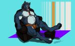  absurd_res anthro being_watched big_(disambiguation) blue_body blue_eyes blue_fur brown_body brown_fur bulge canid canine canis chair colorful digitigrade fullbodywolf fur furniture hair hi_res looking_at_another male mammal markings muscular muscular_male number_tattoo orange_hair orange_markings relaxing sitting sketch solo wolf ypsilon 