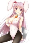  1girl animal_ears arm_behind_back bangs black_legwear blush breasts bunny_ears bunnysuit cleavage commentary_request covered_navel cowboy_shot detached_collar eyebrows_visible_through_hair holding holding_tray kue large_breasts leotard long_hair looking_at_viewer pantyhose purple_hair red_eyes reisen_udongein_inaba sidelocks simple_background smile solo strapless strapless_leotard thighs touhou tray very_long_hair white_background white_leotard wrist_cuffs 