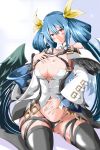  absurdres asymmetrical_wings belt blue_hair blush breasts choker detached_sleeves dizzy_(guilty_gear) guilty_gear guilty_gear_xrd hair_ribbon hair_rings hand_on_own_chest highres large_breasts long_hair midriff panties red_eyes ribbon sika_(kakakaka) smile tail thick_thighs thigh_strap thighhighs thighs twintails underwear very_long_hair wings 