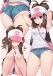  ! 1girl armpits arms_behind_head ass bag baseball_cap blue_eyes breasts brown_hair cleavage collarbone commentary_request debutya_aki denim denim_shorts handbag hat highres looking_at_viewer medium_breasts mouth_hold pokemon pokemon_(game) pokemon_bw ponytail shirt short_hair shorts simple_background sitting solo spoken_exclamation_mark standing sweat thighs touko_(pokemon) white_shirt 