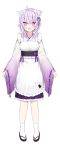  1girl ahoge alternate_costume animal_ears cat_ears cat_girl full_body hair_ornament highres hololive japanese_clothes kamioka_shun&#039;ya long_sleeves looking_at_viewer nekomata_okayu official_art onigiri_print open_mouth purple_eyes purple_hair sandals socks solo virtual_youtuber white_background white_legwear wide_sleeves 