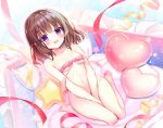  1girl :d bangs barefoot between_legs blush bottomless bow box breasts brown_hair commentary_request dutch_angle eyebrows_visible_through_hair groin hair_between_eyes hand_between_legs heart highres in_box in_container long_hair naked_ribbon navel open_mouth original pillow pink_bow pink_ribbon purple_eyes ribbon round_teeth shiwasu_horio sitting small_breasts smile soles solo teeth upper_teeth wariza 