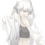  1girl arknights bangs black_shirt brown_eyes commentary_request crop_top hair_between_eyes hand_up holding hood hooded_jacket horns jacket long_hair looking_at_viewer midriff norizc open_mouth saria_(arknights) shirt silver_hair solo upper_body white_jacket 