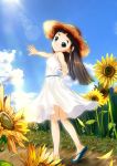  1girl absurdres black_hair blue_footwear child chinese_commentary cloud commentary_request day dress flower full_body goto_hime grass hand_up hat heizeliuahua highres huge_filesize kakushigoto lens_flare looking_at_viewer outdoors sandals solo standing straw_hat sunflower white_dress 