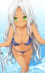  1girl bikini blue_bikini breasts cleavage disgaea green_eyes grey_hair iwasi-r large_breasts long_hair looking_at_viewer makai_senki_disgaea_3 pool sapphire_rhodonite smile solo star swimsuit symbol_in_eye tan wet 