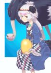  1girl alternate_costume bird bird_wings black_hair blue_dress checkered circlet commentary_request don3 dress egg eyebrows_visible_through_hair frilled_sleeves frills golden_egg hair_between_eyes head_wings jewelry kemono_friends kemono_friends_3 long_dress multicolored_hair necklace ostrich ostrich_(kemono_friends) pink_hair short_hair sitting solo white_hair wings yellow_eyes 