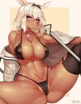  1girl absurdres animal_ears artist_name bangs bikini black_bikini black_hairband black_legwear blue_eyes body_markings breasts caenis_(fate) closed_mouth commentary_request dark_skin dog_tags eyebrows_visible_through_hair fate/grand_order fate_(series) hairband highres jacket large_breasts looking_at_viewer navel short_hair sitting solo swimsuit thighhighs vana white_hair white_jacket 
