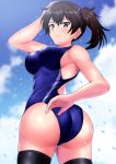  1girl ass black_legwear blue_sky blue_swimsuit brown_eyes brown_hair cloud commentary_request competition_swimsuit cowboy_shot from_behind kaga_(kantai_collection) kantai_collection long_hair looking_at_viewer looking_back one-piece_swimsuit side_ponytail sky solo swimsuit thighhighs twisted_torso wet wet_clothes wet_swimsuit zanntetu 