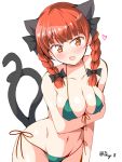  1girl animal_ears bangs bikini blunt_bangs braid breasts cat_ears cat_tail covered_nipples deego_(omochi_bazooka) extra_ears eyebrows_visible_through_hair green_bikini heart highres kaenbyou_rin large_breasts long_hair looking_at_viewer multiple_tails navel open_mouth red_eyes red_hair side-tie_bikini simple_background slit_pupils solo swimsuit tail touhou twin_braids twitter_username white_background 