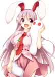  1girl :d animal_ears breasts bunny_ears carrot commentary_request cowboy_shot happy kue kune-kune large_breasts long_hair necktie open_mouth pink_shirt pink_skirt puffy_short_sleeves puffy_sleeves purple_hair red_eyes red_neckwear reisen_udongein_inaba shirt short_sleeves skirt smile touhou urban_legend_in_limbo very_long_hair 