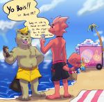  &lt;3 animal_crossing anthro beach beaver bottomwear c.j._(animal_crossing) cellphone chameleon clothing duo egg english_text flick_(animal_crossing) hi_res kinktover lagomorph leporid lizard male male/male mammal nintendo phone piercing rabbit reptile rodent scalie seaside shorts slightly_chubby smartphone streaming swimwear text video_games zipper_t._bunny 