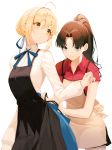  2girls :o absurdres ahoge alternate_costume apron artoria_pendragon_(all) bangs black_apron blonde_hair blue_eyes blue_neckwear blue_ribbon blue_skirt braid brown_hair closed_mouth collared_shirt commentary cowboy_shot fate/stay_night fate_(series) green_eyes grey_apron hair_bun hair_ribbon high_ponytail highres long_hair long_sleeves looking_back multiple_girls neck_ribbon parted_bangs parted_lips ponytail pro-p red_shirt ribbon saber shirt short_hair sidelocks simple_background skirt symbol_commentary toosaka_rin white_background white_shirt 