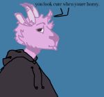  ambiguous_gender anthro bovid buffalonium caprine clothing english_text girly goat hoodie horn male mammal pastel simple_background smug solo teasing text tongue tongue_out topwear 