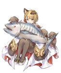  1girl animal_ears bangs blonde_hair blunt_bangs blush braid commentary_request dog dog_ears eating eyebrows_visible_through_hair fish flower geta hair_between_eyes hair_flower hair_ornament holding_fish knees_up medium_hair original pantyhose simple_background single_braid wataame27 white_background 