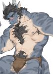  anthro armpit_hair black_hair blue_body body_hair brown_clothing brown_underwear chest_hair clothed clothing dragon facial_hair hair horn male muscular muscular_male neilos0526 nipples pubes simple_background solo topless underwear 