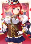  1girl :q blue_skirt breasts commentary_request crown facial_tattoo fur_trim gloves hair_ornament hand_on_hip heart heart_tattoo highres holding holding_scepter looking_at_viewer love_live! love_live!_school_idol_project medium_breasts nishikino_maki nonono petals purple_eyes red_hair red_ribbon ribbon scepter short_hair skirt smile solo tattoo tongue tongue_out white_gloves 