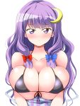  1girl bangs bikini_top black_bikini_top blue_bow blunt_bangs blush bow breasts closed_mouth collarbone crescent crescent_hair_ornament deego_(omochi_bazooka) eyebrows_visible_through_hair hair_bow hair_ornament highres huge_breasts long_hair patchouli_knowledge purpe_eyes purple_hair red_bow simple_background solo striped touhou upper_body vertical_stripes white_background 