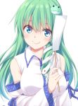  1girl bangs bare_shoulders blue_eyes blush commentary_request detached_sleeves eyebrows_visible_through_hair frog_hair_ornament green_hair hair_between_eyes hair_ornament hand_up head_tilt holding kochiya_sanae kue long_hair long_sleeves looking_at_viewer shirt simple_background single_sidelock smile snake_hair_ornament solo touhou upper_body white_background white_shirt wide_sleeves 