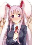  1girl against_wall animal_ears blazer blush breasts bunny_ears collared_shirt commentary_request ear_grab hand_on_own_chest jacket kue large_breasts long_hair looking_at_viewer necktie open_mouth pink_hair red_eyes reisen_udongein_inaba shirt simple_background solo_focus touching_ears touhou upper_body wall_slam white_background 