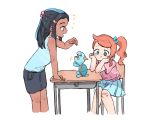  2girls black_hair blue_hair chair chewtle dark_skin desk gen_8_pokemon highres long_hair multicolored_hair multiple_girls orange_hair pokemon pokemon_(game) pokemon_swsh ranf rurina_(pokemon) school_desk side_ponytail sitting sonia_(pokemon) two-tone_hair younger 